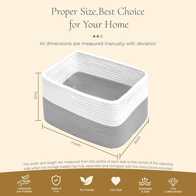 Hopegiver 3 Pack Storage Baskets for Organizing with Handle, Woven Baskets for Shelves - Durable Gift Basket for Cloth Toys Books Baby, Cotton Rope Basket for Dog Cat, 11x8x7 Inch(White&Gray)