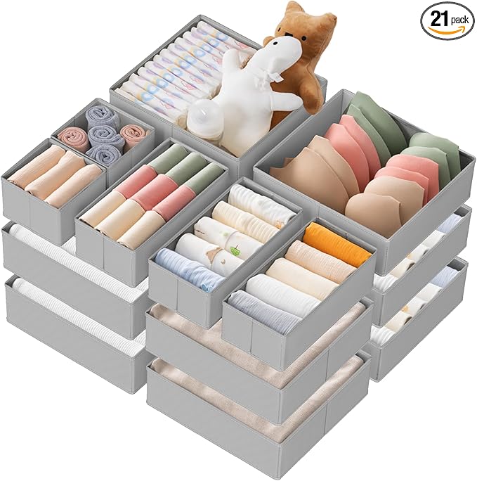Criusia Drawer Organizer Clothes, 21 Pack Dresser Organizer for Baby Clothes, Underwear, Sock- Foldable Closet Organization and Storage Dividers Bins for Nursery, Bedroom (Grey)