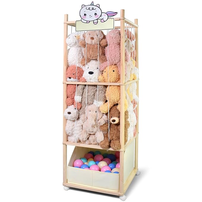 Stuffed Animal Storage with Tiny Toys Tray, Wood Stuffed Animal Zoo Storage with Brake Wheels, Space-Saving Plushie Playhouse for Nursery, Playroom, Kids Bedroom- Easy Assembly