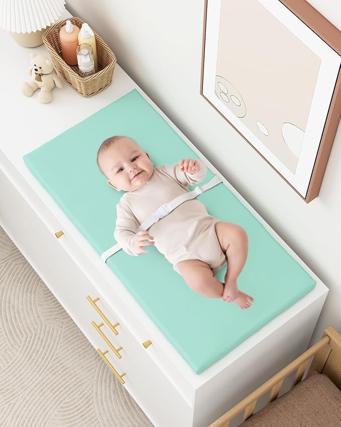 Wipeable Baby Changing Pad for Dresser and Table, Cozy Diaper Changing Pad with Waterproof & Wipe-Clean Leather Cover, Standard Size (31.5" L x 15.8" W), Green