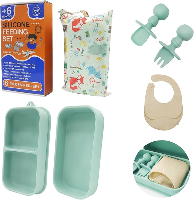 Travel Silicone Baby Feeding Set, 6 In 1 Portable Plates Spill Proof with Suction, Silicone Baby Spoon & Fork, Lightweight Foldable Baby Bib for Toddler with Waterproof Storage Bag - Green