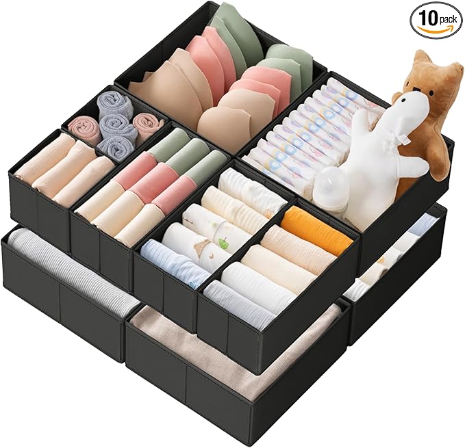 Criusia Drawer Organizer Clothes, 10 Pack Dresser Organizer for Baby Clothes, Underwear, Sock- Foldable Closet Organization and Storage Dividers Bins for Nursery, Bedroom (Black)