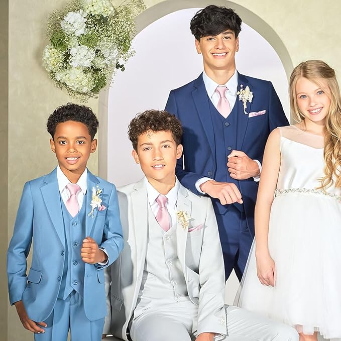 Boys Suit 4 Piece Slim Fit Kids Tuxedo Suit Formal Wedding Outfit Blazer Vest Pants Set with Tie