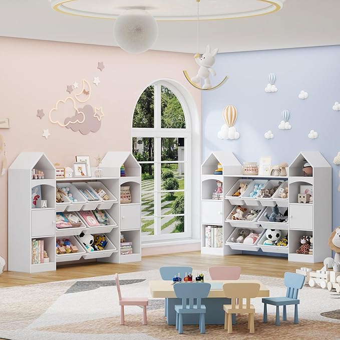 Vabches 55" Castle Shape Children's Toy Storage Organizer,Multifunctional Bookshelf with 8 Plastics Bins, Children's Bookcase with 6 Shelves and 2 cabinets for Playroom,Kid's Room,Living Room.