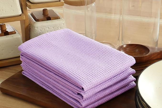 PurpleEssences Waffle Weave Kitchen Towel, 100% Cotton - 15 x 25 Inches, with Hanging Loop Ultra Soft Absorbent Quick Drying Dish Cloth, Tea and Hand Towels, 4 Pack - Fall Thanksgiving - Lavender