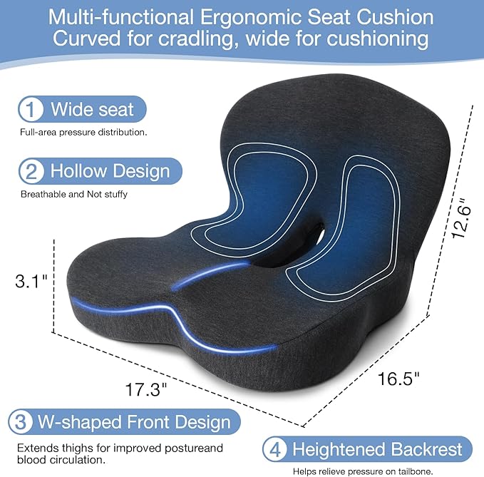 Memory Foam Seat Cushion, Chair Cushion for Office Chair, Car Seat, Relieving Pressure Tailbone Sciatica Back Pain for Long Sitting Office Workers, Car Drivers, Black
