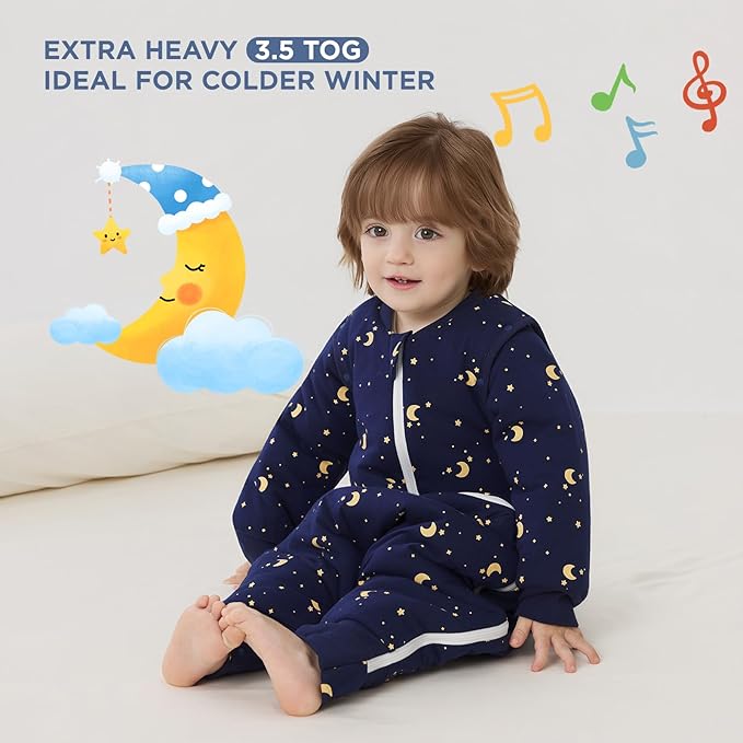 Duomiaomiao 3.5 TOG Toddler Sleep Sack 12-24 Months 100% Cotton Winter Side Open Zipper Baby Sleep Sack with Feet, Warm Toddler Wearable Blanket