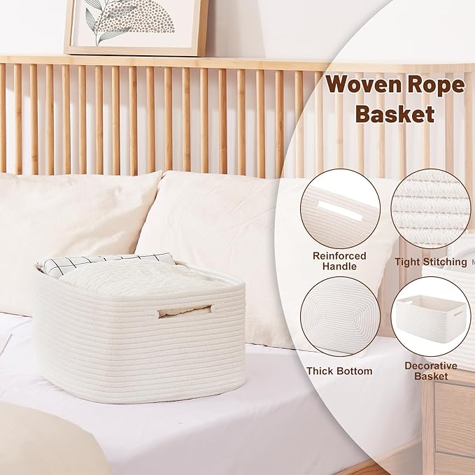 OIAHOMY Storage Basket for Shelves, Closet Cube Storage Bins Baskets for Clothes Blanket Towels, Baby Nursery, Toy Baskets Box, Woven Rope Basket, 17.72*12.99*7.87 IN, 2 Packs White