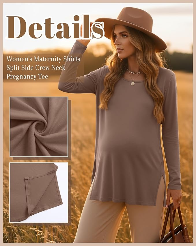 Riyiper 3 Pack Women's Maternity Long Sleeve T-Shirts Round Neck Side Split Tops Loose Casual Pregnancy Mama Clothes Fall