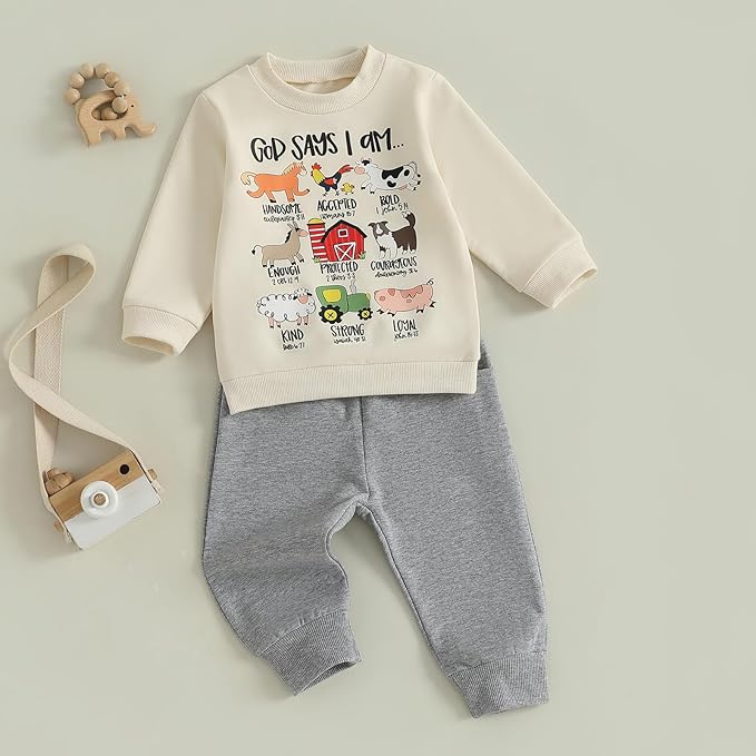 Nyapruwe Toddler Baby Boy Fall Outfit Funny Print Long Sleeve Sweatshirt Joggers Pants Set Kids Warm Winter Clothes