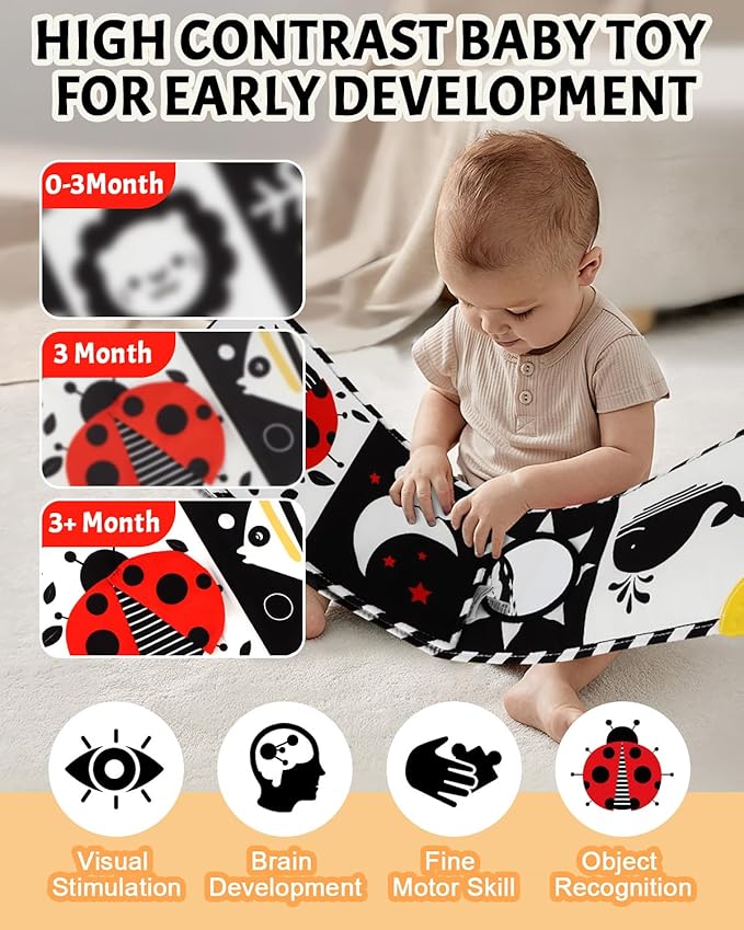 Tummy Time Toys, High Contrast Baby Book with Mirror & Teether, Black and White Infant Books, 0-6-12 Months Soft Book for Newborn, Sensory Books, Tummy Time Car Seat Toys 0-6 Month Boy Girl Gift