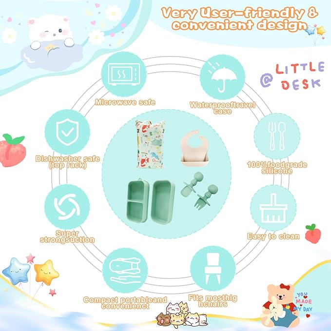 Travel Silicone Baby Feeding Set, 6 In 1 Portable Plates Spill Proof with Suction, Silicone Baby Spoon & Fork, Lightweight Foldable Baby Bib for Toddler with Waterproof Storage Bag - Green
