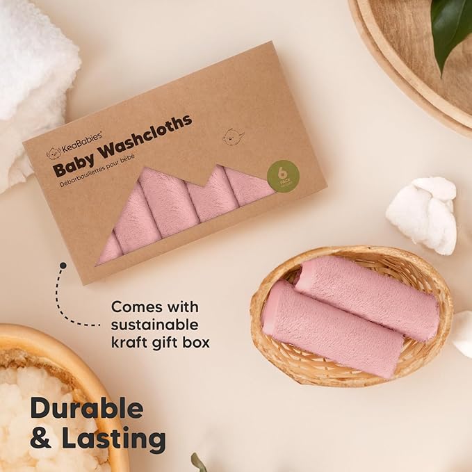 6-Pack Baby Washcloths - Soft Absorbent Viscose from Bamboo Wash Cloths for Babies, Kids, Toddlers, Infant, Newborn Bath Towels, Gentle on Sensitive Skin, 10x10 Reusable Face Towels (Rosy)