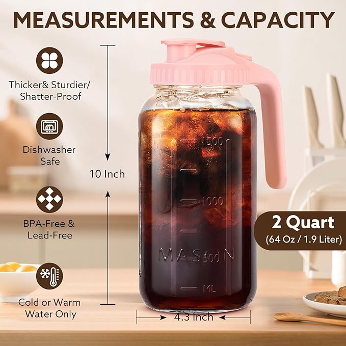 Glass Pitcher with Lid, 64 OZ Mason Jar Pitcher Double Leak Proof, 2 Quart Breast Milk Storage Containers for Fridge, Wide Mouth Glass Jar for Sun Tea, Juice, Cold Brew Coffee