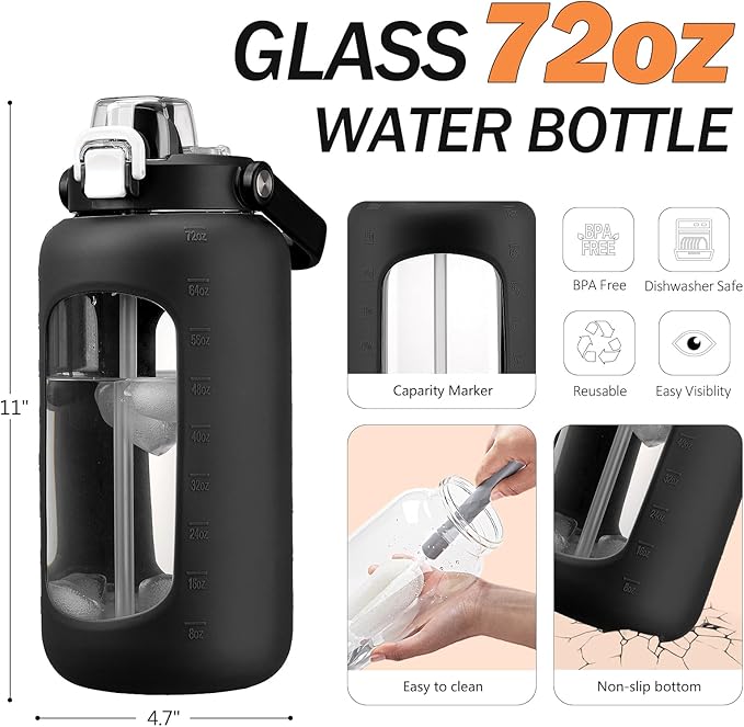 72oz Glass Water Bottle with 2-IN-1 Straw &Chug Lid, Large Motivational Glass Bottle with Capacity Marker and Silicone Sleeve, 2.1Liter Gallon Water Jug for Home, Sports, Gym, BPA Free-Black