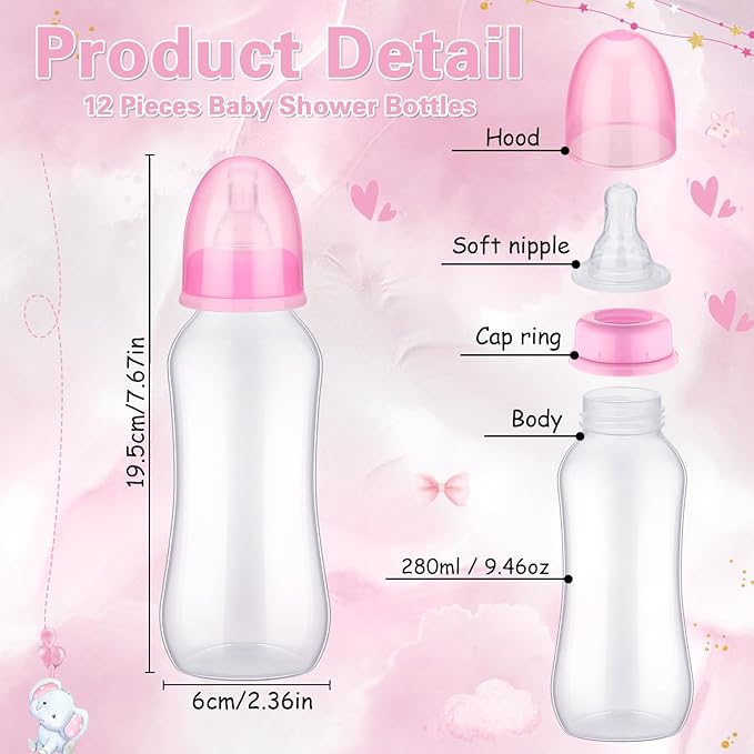 TrelaCo Cool Baby Shower Games Sets 12 Pcs Feeding Bottles with 1 Bottle Chug Sign for Gender Reveal Baby Shower Party Favors Decoration Games(Elephant,Pink)