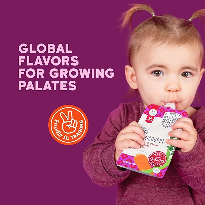 Serenity Kids 7+ Months Beef Chimichurri Baby Food Pouches - 3.5 Oz, Pack of 6 - Nutrient-Packed Puree with Organic Veggies - 5g Protein Pouch for Growth & Baby Essentials - Toddler Food Puree