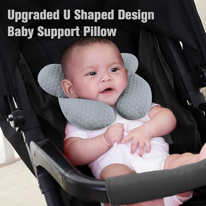 KAKIBLIN Baby Travel Pillow, Upgraded Baby Neck Pillows for Car Seat, Babies Support Pillow, Infant Neck Pillow for Head and Neck, Newborn Head Support for Car Seat,Pushchair (Light Grey)