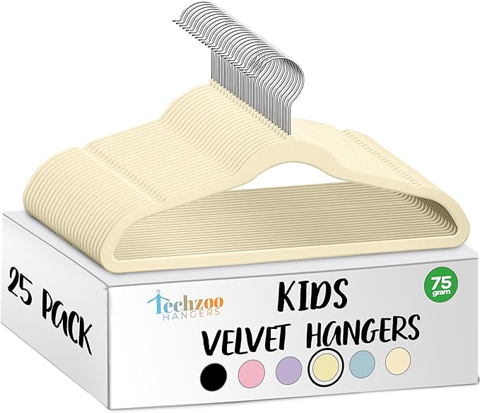 25 Premium Kids Velvet Hangers - 14" Non-Slip Clothes Hangers for Kids & Preteens - Ultra Slim, Space-Saving, Strong & Durable Hangers with 360° Swivel Hook - Beige