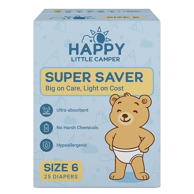 Happy Little Camper Super Saver Diapers, Size 6, 25 Count | Budget-Friendly Disposable Baby Diapers for Sensitive Skin | Hypoallergenic, Fragrance-Free, Ultra Absorbent