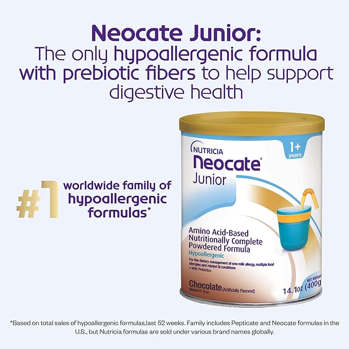 Nutricia Neocate Junior - Hypoallergenic, Dairy-free, Amino Acid-Based Formula for 1+ Years - For Toddlers, Kids & Teens - Powdered Formula - Chocolate - 14.1 oz can (Case of 1)
