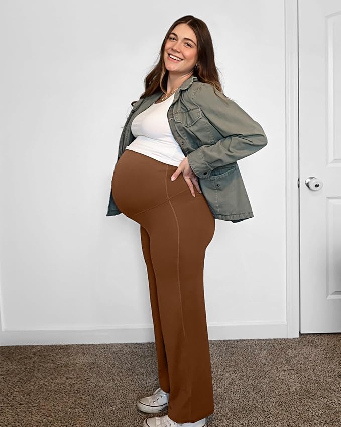 G4Free BareFeel Maternity Dress Yoga Pants Over The Belly Stretchy Work Slack Pregnancy Wide Leg Lounge Trousers