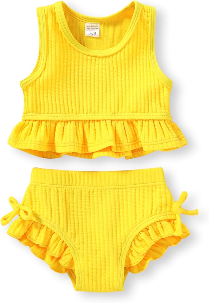 HAPPYMA Baby Swimsuit Toddler Girl Bathing Suit Summer Solid Color Bikini Set Beach Two Piece Swim Wear