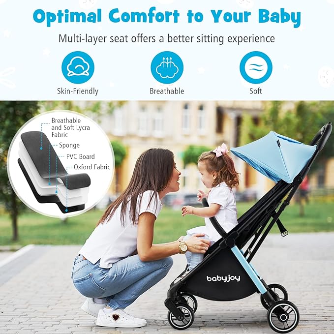 BABY JOY Lightweight Baby Stroller, Compact Travel Stroller for Airplane, Infant Toddler Stroller w/Adjustable Backrest & Canopy, Storage Basket, Self Standing Gravity Fold, Aluminium Frame (Blue)