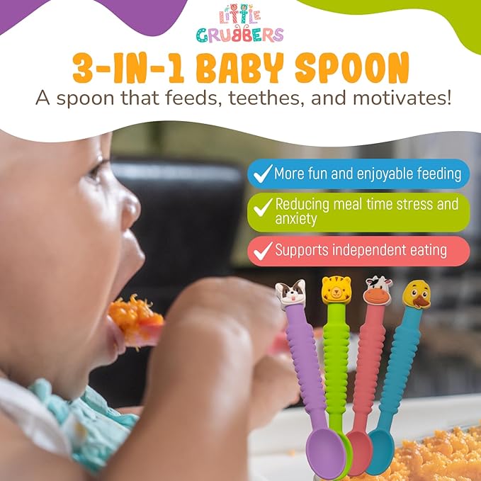 3-in-1 Silicone Baby Spoon Self Feeding 6+ Months - Pediatric OT Designed Teether Spoon, BPA Free Toddler Utensils, Mess-Free, Fun for Baby Led Weaning Supplies, Dog & Duck