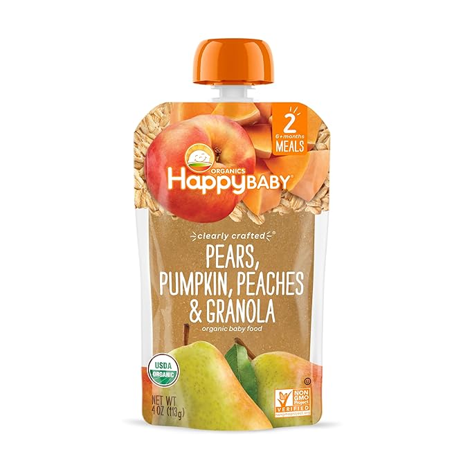 Happy Baby Organics Stage 2 Baby Food Pouches, Gluten Free, Vegan & Healthy Snack, Clearly Crafted Fruit & Veggie Puree, Pumpkin, Peaches & Granola, 4 Ounces (Pack of 16)