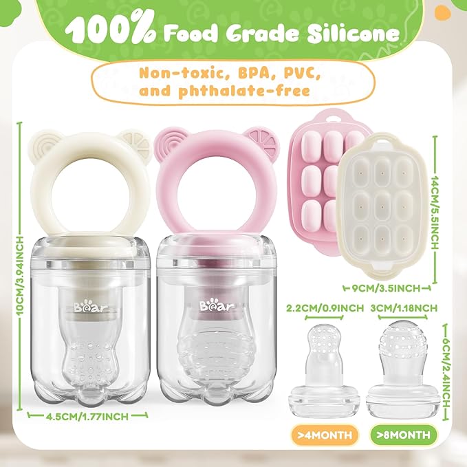 Bear Baby Fruit Food Feeder & Mini Freezer Nibble Tray Combo, 2 Pack Breastmilk Popsicle Molds for Baby Teething Relief, BPA Free Silicone Feeder for Safe Infant Self Feeding, Dishwasher Safe, Pink