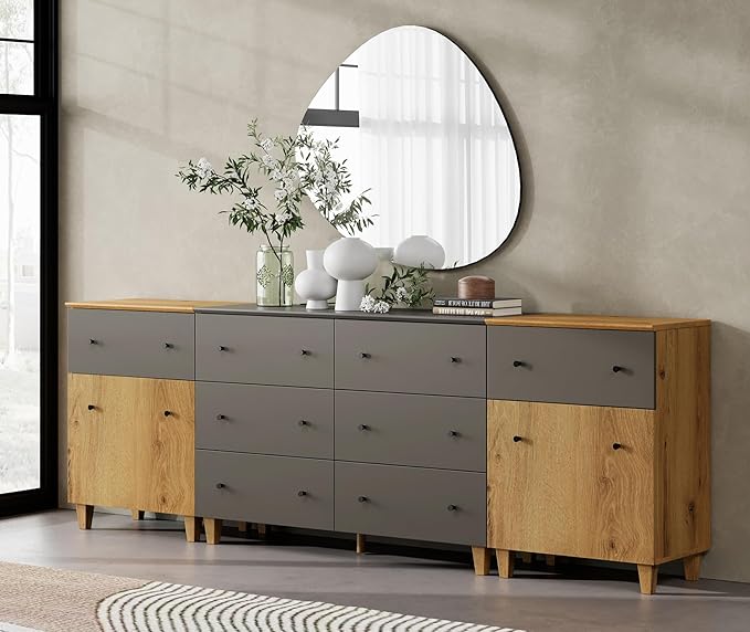 WMAPAT 8 Drawers Dresser Chests for Bedroom, 3-in-1 Modern Wood Closet Storage Organizer Furniture with Doors and Adjustable Shelves for Kids Room, Nursery, Dark Gray&Oak Brown, 94.4" Wide