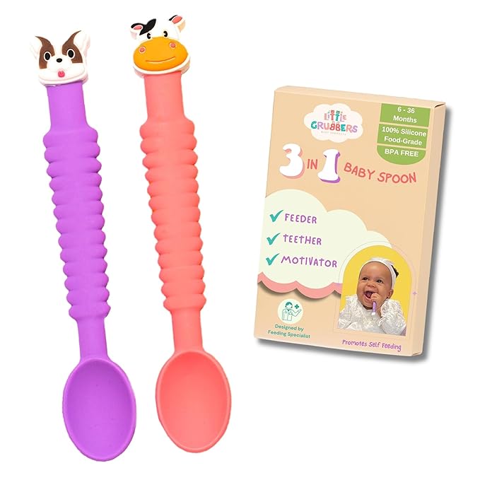 3-in-1 Silicone Baby Spoon Self Feeding 6+ Months - Pediatric OT Designed Teether Spoon, BPA Free Toddler Utensils, Mess-Free, Fun for Baby Led Weaning Supplies, Dog & Cow