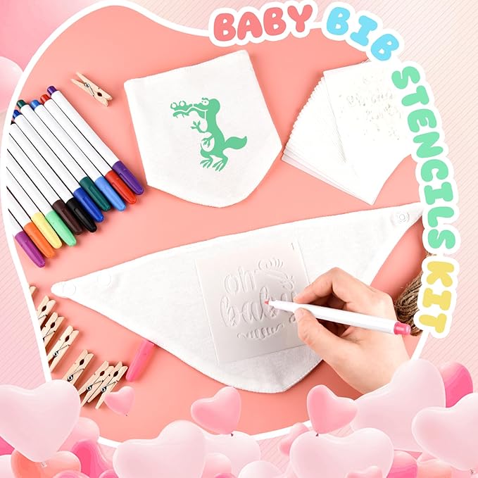 NACHLYNN 37 Pcs White Baby Bibs Baby Shower Games Set Including 6 Blank Baby Bibs 6 Stencils 12 Clothespins 12 Fabric Markers 1 Hemp Rope for Boys Girls Gender Reveal Party