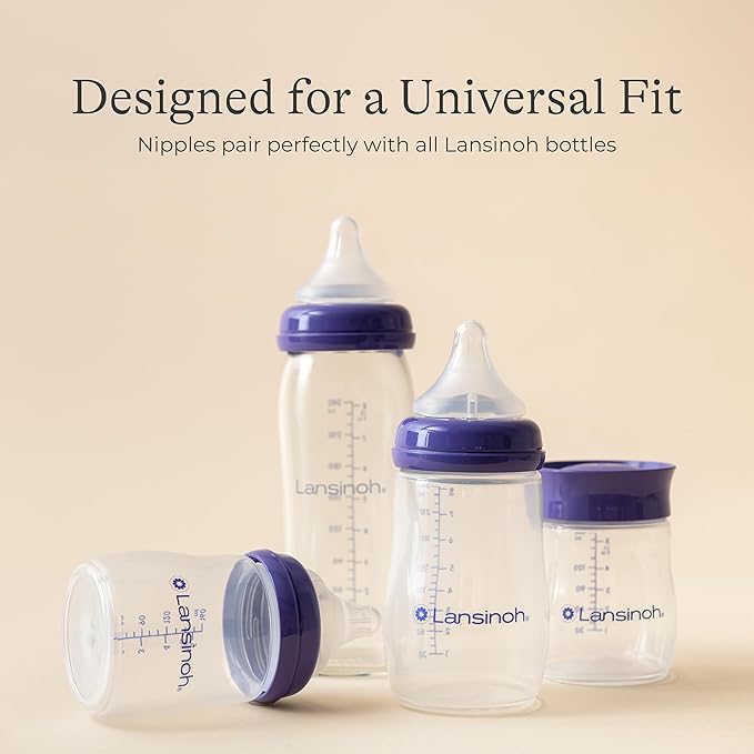 Lansinoh Anti-Colic Baby Bottles for Breastfeeding Babies, 8 Ounces, 6 Count, Includes 6 Medium Flow Nipples, Size M