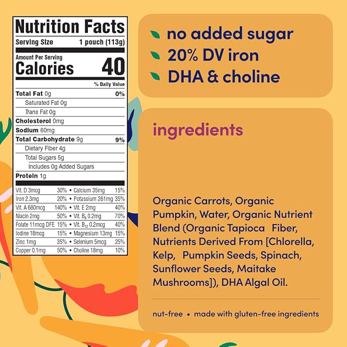 Cerebelly Organic Baby Food Pouches, Carrot Pumpkin Purees, 16 Nutrients, No Added Sugar, Fiber & Non-GMO, 4oz, 6 Pack
