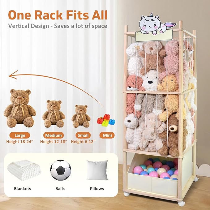 Stuffed Animal Storage with Tiny Toys Tray, Wood Stuffed Animal Zoo Storage with Brake Wheels, Space-Saving Plushie Playhouse for Nursery, Playroom, Kids Bedroom- Easy Assembly