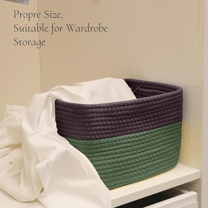 Hopegiver 3 Pack Storage Baskets for Organizing with Handle, Woven Baskets for Shelves - Durable Gift Basket for Cloth Toys Books Baby, Cotton Rope Basket for Dog Cat, 11x8x7 Inch(Brown&Green)