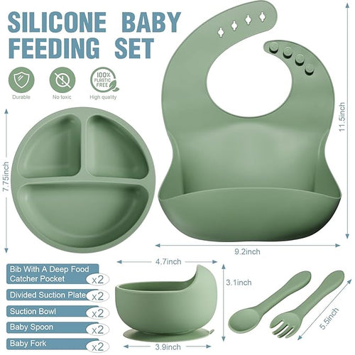 10 Pack Silicone Baby Feeding Set, Toddlers Led Weaning Feeding Supplies with Suction Baby Bowl Divided Plate Adjustable Bib Soft Silicone Spoon Fork, Infant Self Eating Utensil Set (Blue, Green)