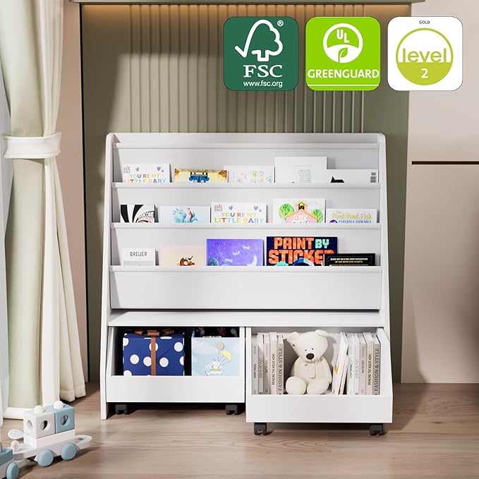 Kids Bookshelf with Two Movable Drawers Toddler Bookcase with Toy Storage Organizer Child Sling Book Rack Baby Cabinet Chest with Wheels for Nursery,Playroom,Bedroom,Living Room,Classroom