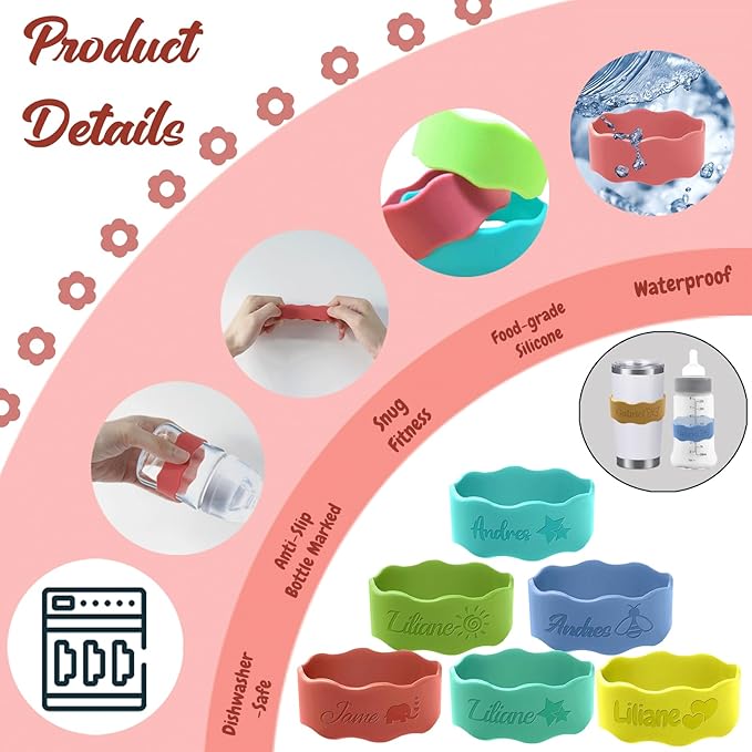 Personalized Baby Bottle Labels for Daycare Custom Water Bottle Name Bands Customized Engraved Silicone Baby Reusable Bottle Straps Labels for Cups School-Orange Red