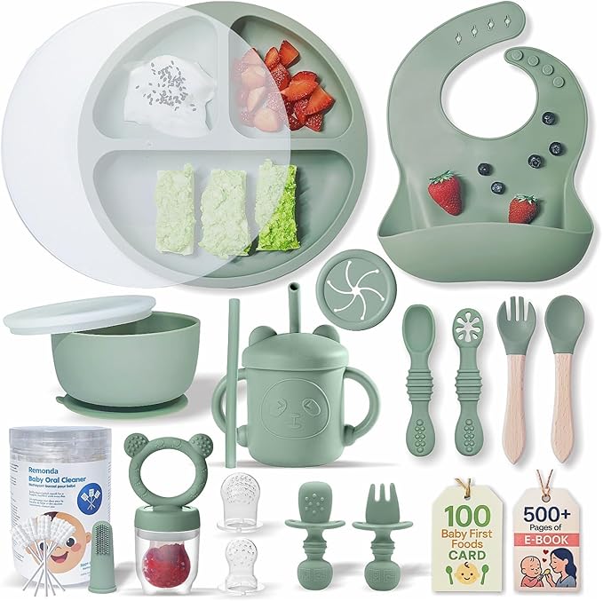 Remonda 23-Piece BPA-Free Silicone Baby Feeding Set | Extra Large Suction Plates, Toddler Bowls, Self Feeding Spoons, and More | Dishwasher Safe| Baby Led Weaning Supplies (Green)