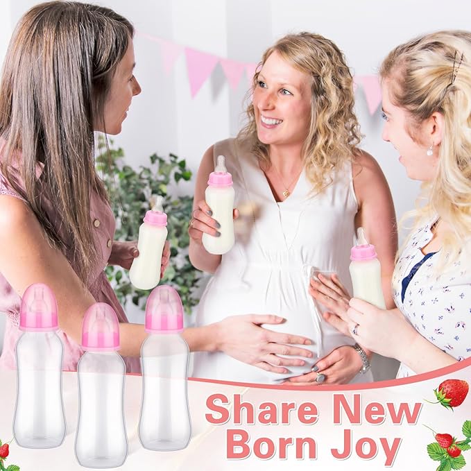 TrelaCo Cool Baby Shower Games Sets 12 Pcs Feeding Bottles with 1 Bottle Chug Sign for Gender Reveal Baby Shower Party Favors Decoration Games(Strawberry,Pink)