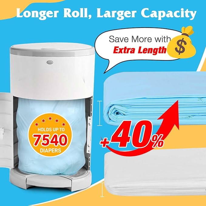 10 Pack Diaper Pail Refill Bags Compatible with Dekor Plus Diaper Pail, 40% Extra Length Refills Holds up to 7540 Diapers, Thickened Multi-layer Odor Control (Baby Scent)