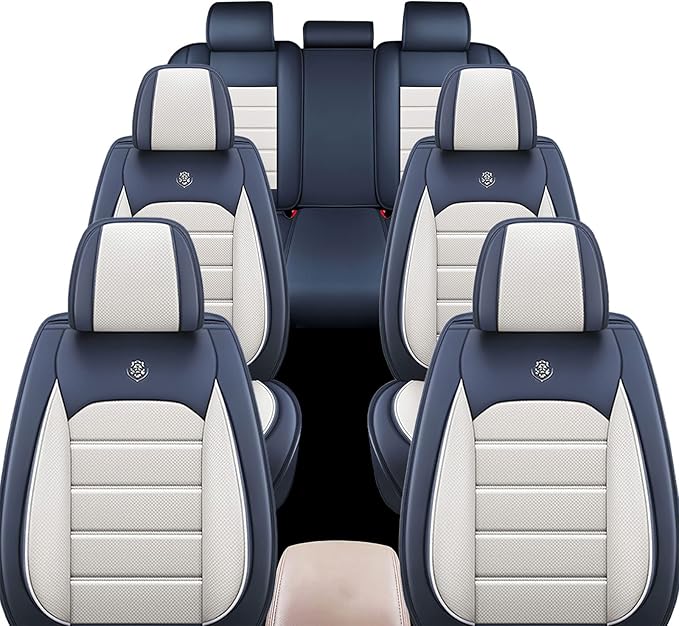 JOJ Car Seat Cover Fit for Toyota Highlander 2001-2025,7 Seat Car Seat Cover,No-Slip Waterproof Breathable Faux Leather Automotive Seat Covers Auto Interior Covers,Full Set,Cream Blue