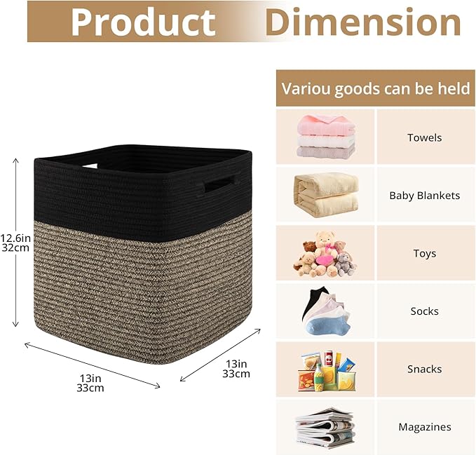 OIAHOMY 13 Kallax Inch Cube Storage Bins, 3-Pack Cotton Rope Woven Baskets for Organizing, Kallax Insert Storage Baskets for Shelves, Baby Nursery, Closet Organizer, 13*13*12.6IN, Black & Mixed Brown