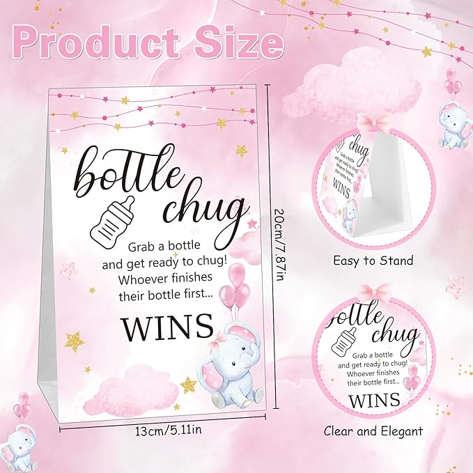 TrelaCo Cool Baby Shower Games Sets 12 Pcs Feeding Bottles with 1 Bottle Chug Sign for Gender Reveal Baby Shower Party Favors Decoration Games(Elephant,Pink)