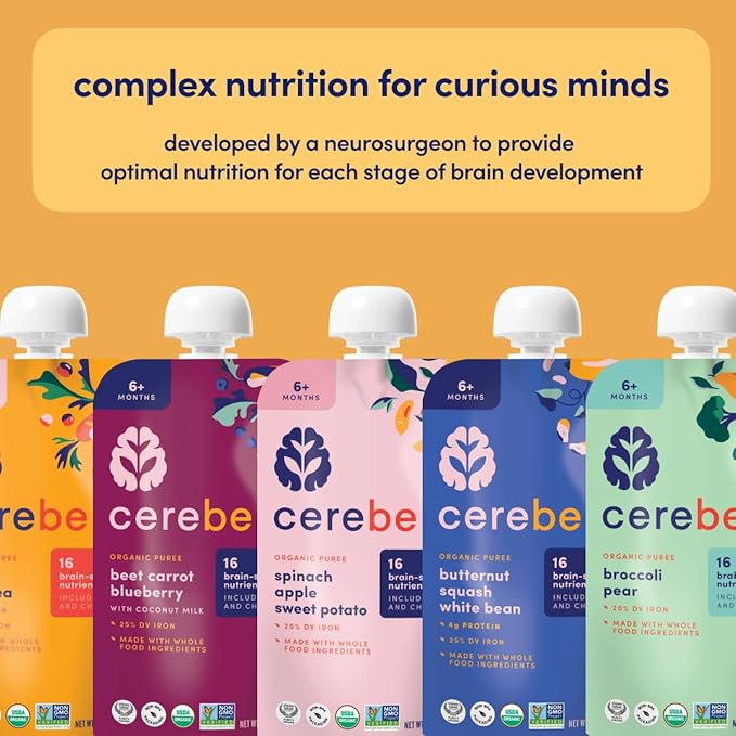 Cerebelly Organic Baby Food Pouches, Carrot Chickpea Purees, 16 Nutrients, No Added Sugar, Fiber & Non-GMO, 4oz, 6 Pack