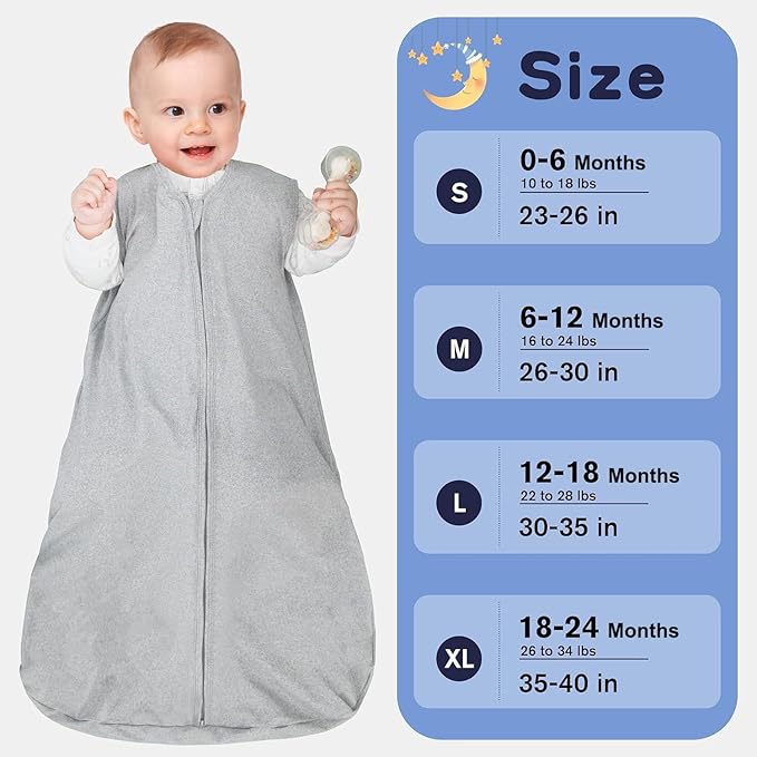 Baby Sleep Sack 6-12 Months Baby Wearable Blanket 100% Rayon Cotton 2-Way Zipper Toddler Sleeping Sack，Comfy Soft Lightweight TOG 0.3(grey)