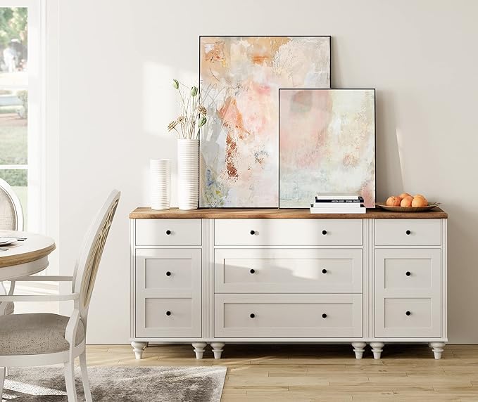 WAMPAT Dresser for Bedroom with 5 Drawers and 2 Storage Cabinet, Nightstands with Charging Station for Living Room, Mid Century Modern Kids Dressers with Wide Chest of Drawers for Nursery, White/Oak